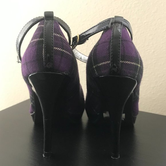Wet Seal Purple/Gold Plaid Platform Heels with Ankle Strap - Picture 6 of 6